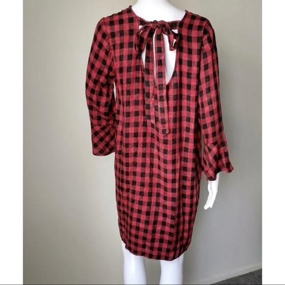 Cloth & Stone Sz S Red Black Buffalo Plaid Checkered Tunic Dress Bell Sleeve - Picture 9 of 13